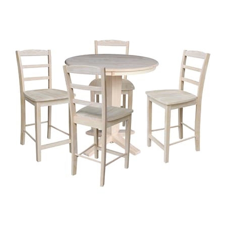International Concepts 36 in. Solid Wood Round Top Pedestal Dining Table with 4 Counter Height Stools, Unfinished K-36RT-23B-S402-4